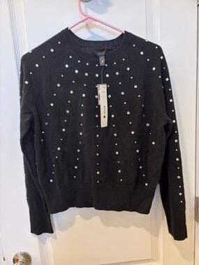 Aqua Black Cashmere Crewneck Sweater with Silver Studs
